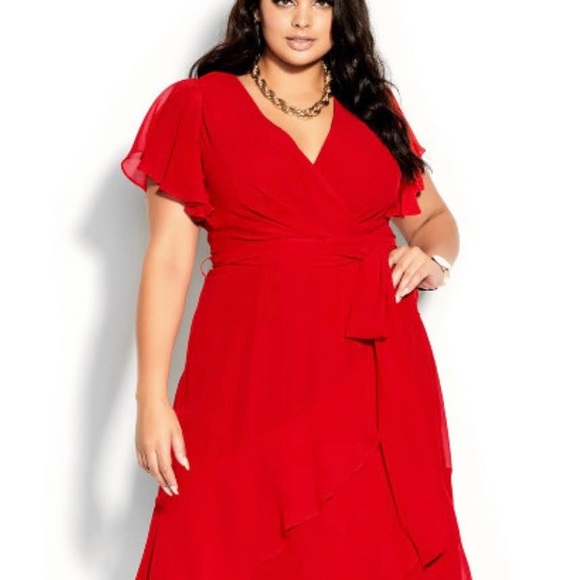 Stunningly Sexy Lipstick Red Chiffon HiLo Ruffle Wrap Dress - Picture 5 of 10